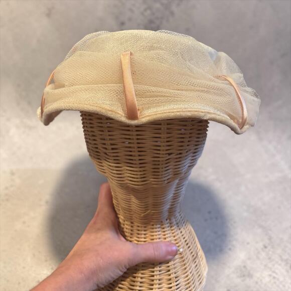 Ivory Tulle Picture Hat Blush Ribbon Tea Party Church Derby Fascinator VTG